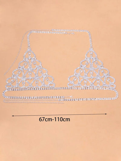 Open Hearts Pattern Chain Silver Bra with white CZ stones