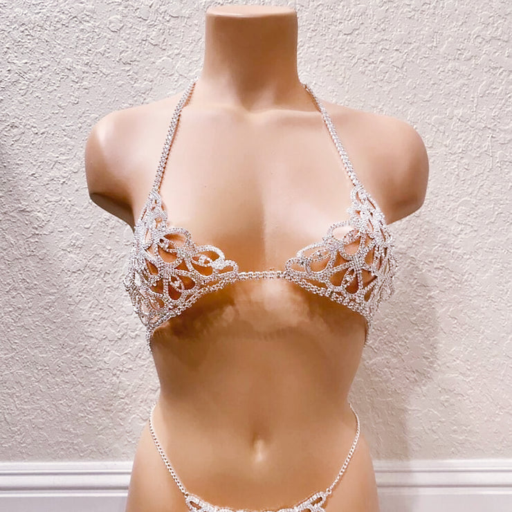 Open Hearts Pattern Chain Silver Bra with white CZ stones