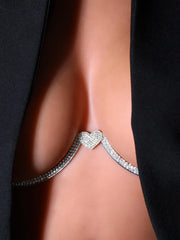 Halfmoon metal breast brace with heart shaped charm, CZ stones and silver chains