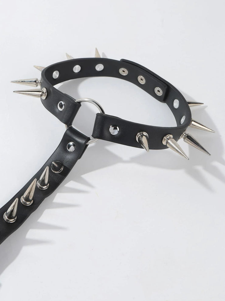 Black Leather Choker and Waste Belt with Metal Clasps, Spikes and Clips