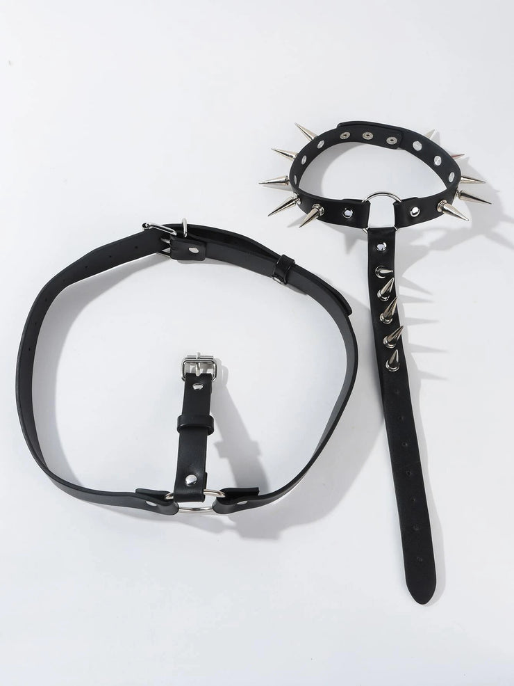 Black Leather Choker and Waste Belt with Metal Clasps, Spikes and Clips