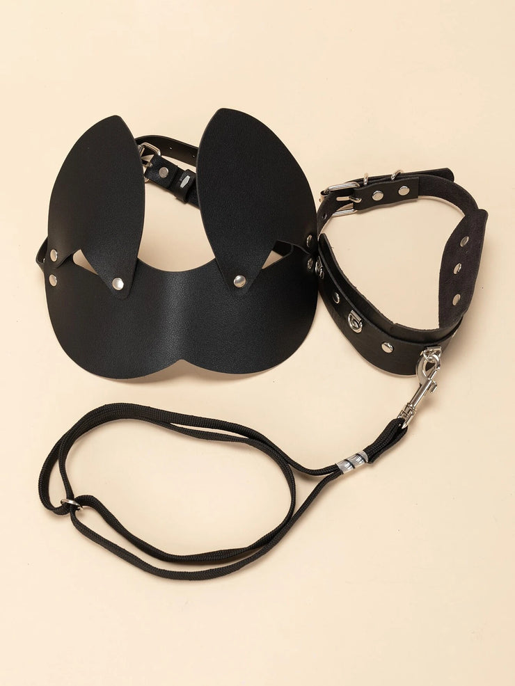 Naughty Rabbit, leather mask + choker + leash