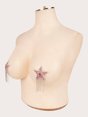 Star Shaped nipple covers with dangling silver chains and pink stones