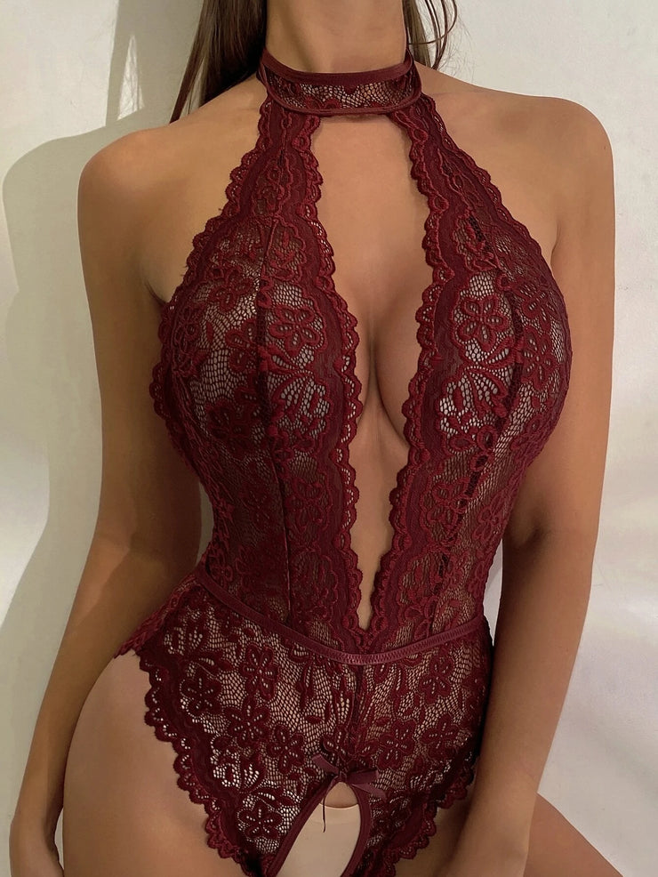 Cherry Red Crotchless Lace Body Lingerie with Lace Chocker