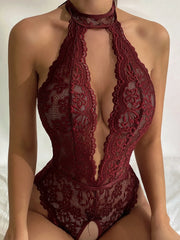 Cherry Red Crotchless Lace Body Lingerie with Lace Chocker