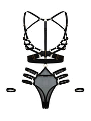 Black Bra-Less BDSM style strap lingerie suit with wristbands, buckles, rings and clasps