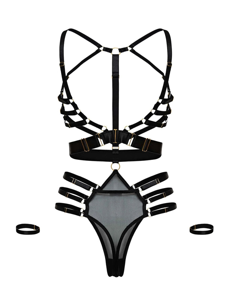 Black Bra-Less BDSM style strap lingerie suit with wristbands, buckles, rings and clasps