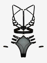 Black Bra-Less BDSM style strap lingerie suit with wristbands, buckles, rings and clasps