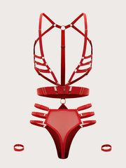 Red Bra-Less BDSM style strap lingerie suit with wristbands, buckles, rings and clasps