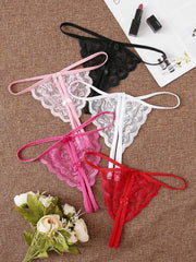 5 Piece Crotchless Lace Thongs, Red + Black + White + Hot Pink + Baby Pink, One Size