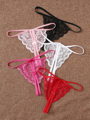 5 Piece Crotchless Lace Thongs, Red + Black + White + Hot Pink + Baby Pink, One Size