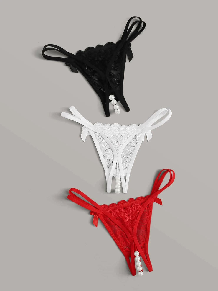 3 Piece Lace Panties with Pearls, Red + Black + White, One Size