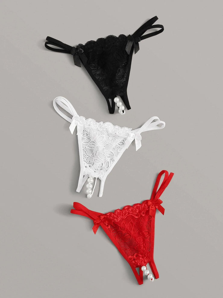 3 Piece Lace Panties with Pearls, Red + Black + White, One Size