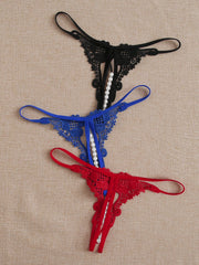 3 Piece Lace Thongs with Pearls, Red + Black + Blue, One Size