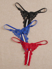 3 Piece Lace Thongs with Pearls, Red + Black + Blue, One Size