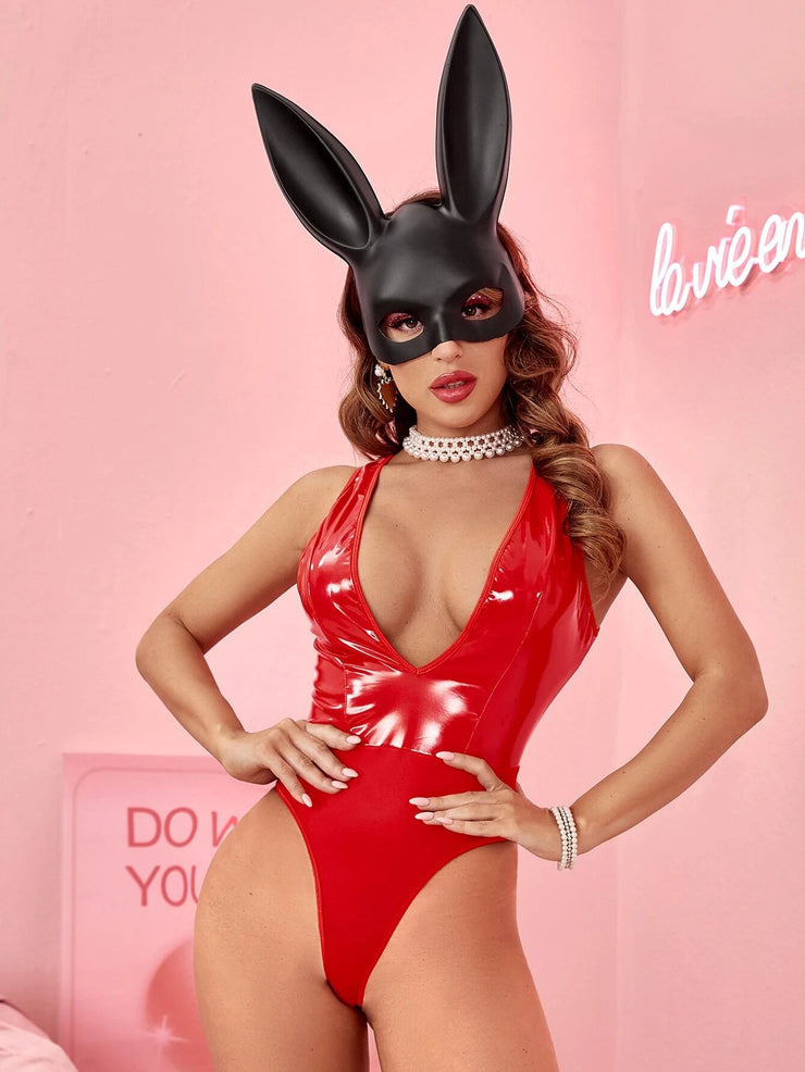 Red Patent Shiny Vynil Leather Body suit + Black Rabbit Ears Mask Set