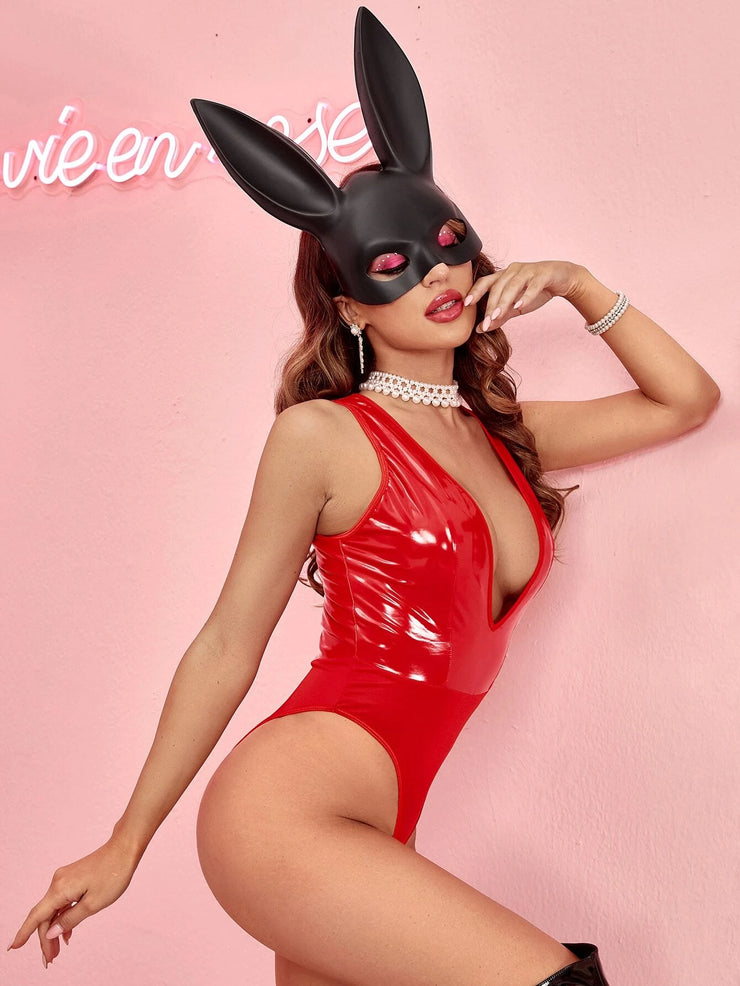 Red Patent Shiny Vynil Leather Body suit + Black Rabbit Ears Mask Set