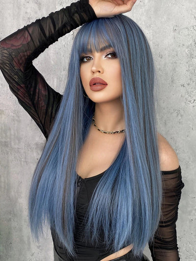 Ash Blue Long Straight Hair Wig with Bangs