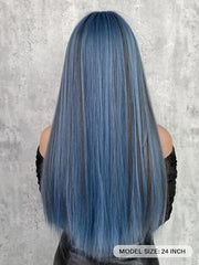 Ash Blue Long Straight Hair Wig with Bangs