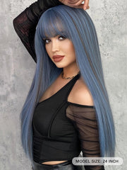 Ash Blue Long Straight Hair Wig with Bangs