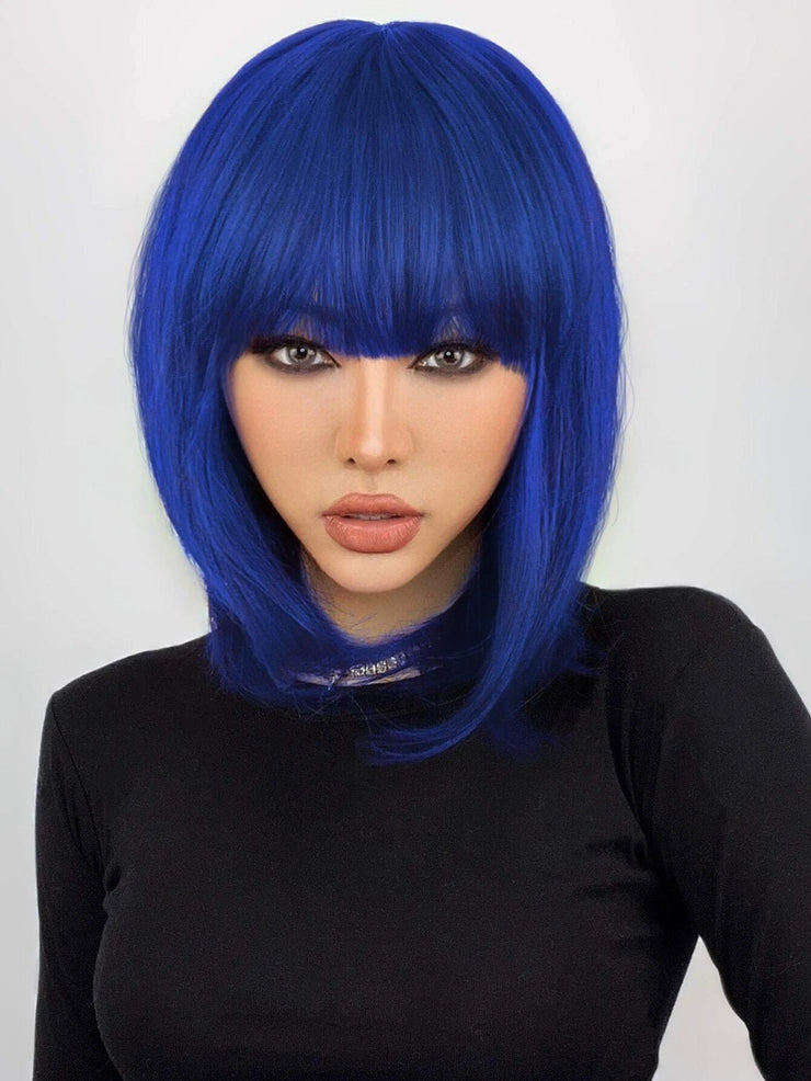 Neon Blue Straight Short Hair Wig with Bangs