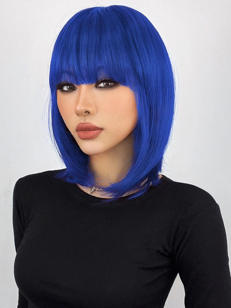 Neon Blue Straight Short Hair Wig with Bangs