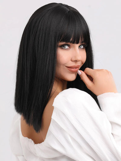 Brunette Medium Length Straight Black Hair Wig with Bangs