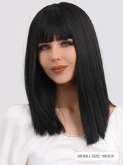 Brunette Medium Length Straight Black Hair Wig with Bangs