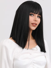 Brunette Medium Length Straight Black Hair Wig with Bangs