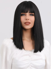 Brunette Medium Length Straight Black Hair Wig with Bangs