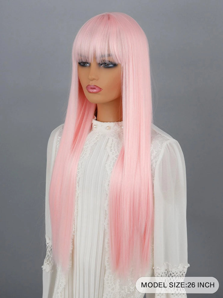 Light Pink Long Straight Hair Wig with Bangs