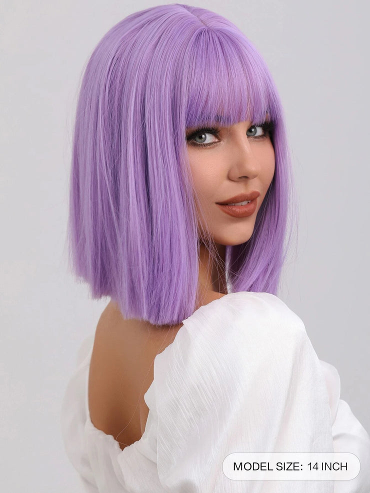 Light Purple Straight Short Hair Wig with Bangs