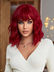 Cherry Red Wavy Short Hair Wig with Bangs