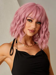 Ash Pink Wavy Short Hair Wig with Bangs