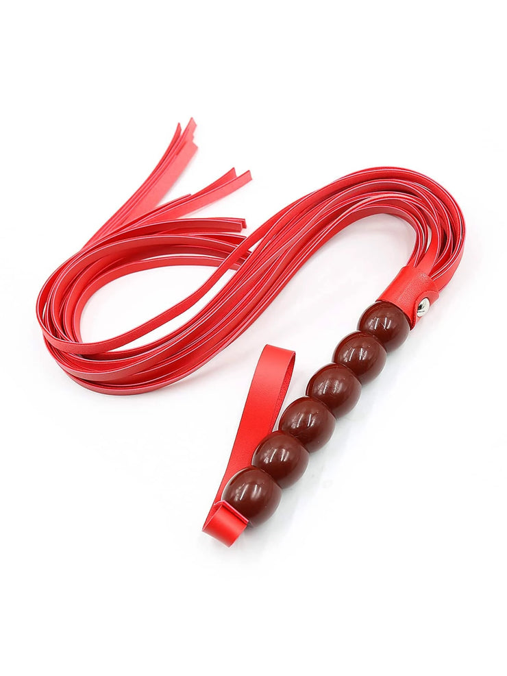 Red Leather Whip with mohagony beads-like ridged handle