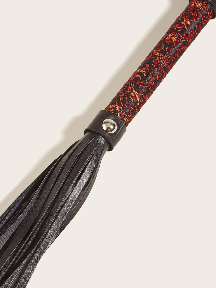 Black Leather whip with stitched Brown Paisley Ornament handle