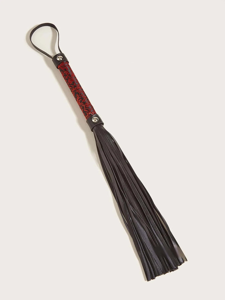 Black Leather whip with stitched Brown Paisley Ornament handle